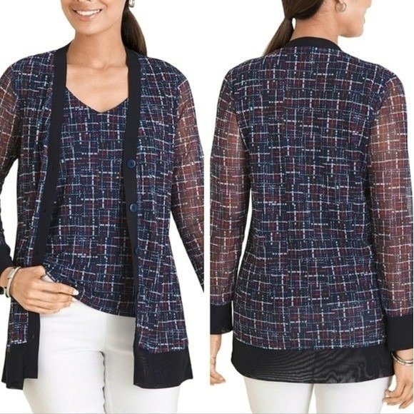 Chico's Tops - Chico's Navy Tweed Print Mesh Cardigan Button Front Topper SZ XL Preppy Academia